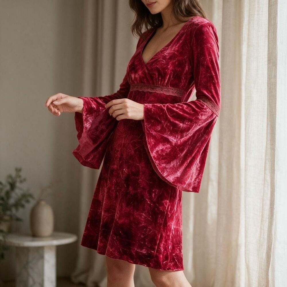 90s Whimsigoth Fairy Burgundy Velour Trumpet Sleeve V-Neck Lace Dress Jr 11 Wm S